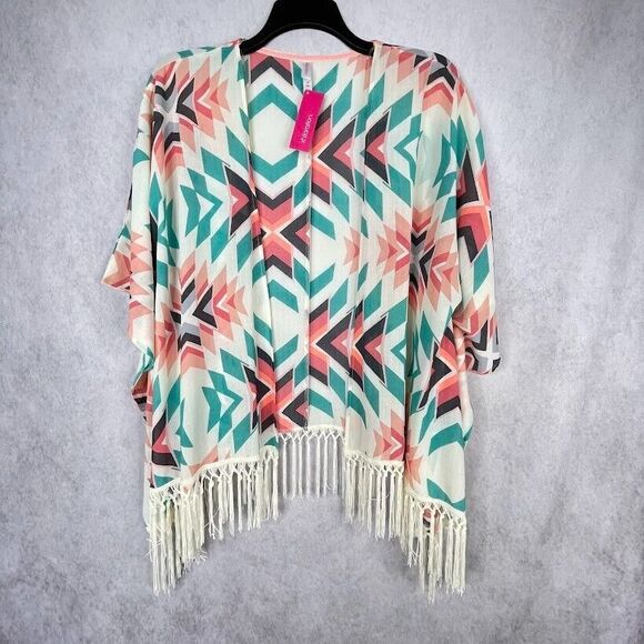 Kimono Cardigan Womens Size S/M Aztec Ivory Open Boxy Fringe Bohemian Cover Up - Picture 1 of 13